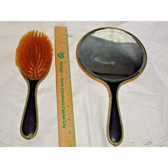 Antique Chinese Bakelite Black and Gold Large Hand Painted Mirror and Brush Set - Picture 2 of 12